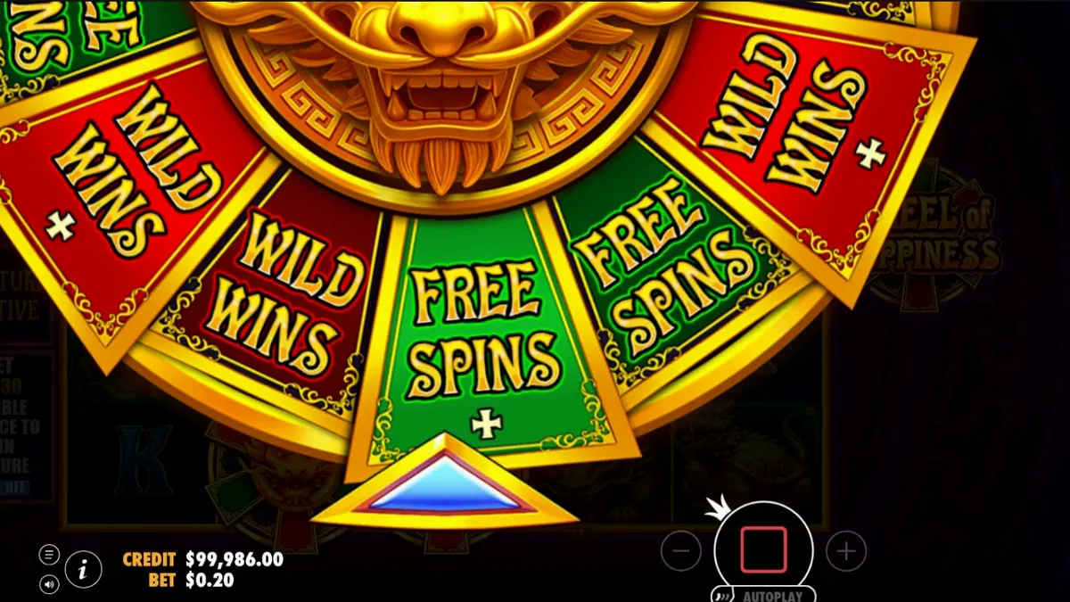 Wheel of Happiness slot machine interface featuring golden dragon symbols and oriental design